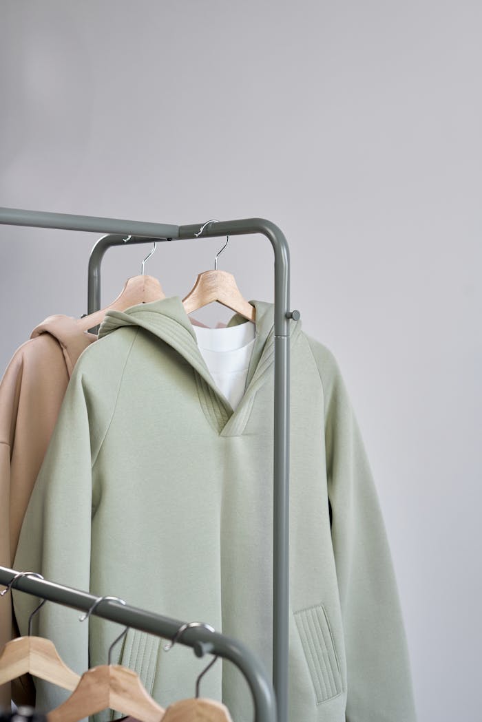 Stylish minimalist sweatshirts displayed on hangers in a studio setting.